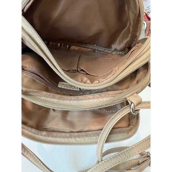 MultiSac Zippy Tan Green Blue Striped Triple Compartment Crossbody Shoulder Bag - Picture 8 of 15